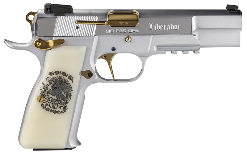 EAA Girsan MCP 35 Liberador 9mm pistol with accessory rail and pearl engraved Mexican coat of arms grips