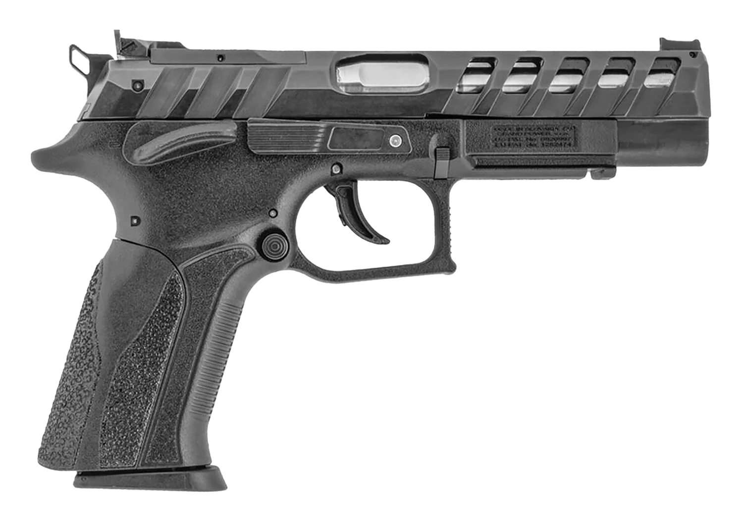 Grand Power GP X-Calibur CO 9mm MK23 pistol with red fiber-optic front sight and accessory package