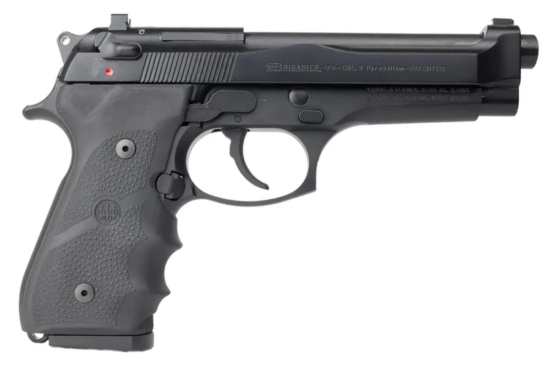 Beretta 92FS Brigadier 9mm pistol, black slide, black rubber grip, 4.9 inch barrel