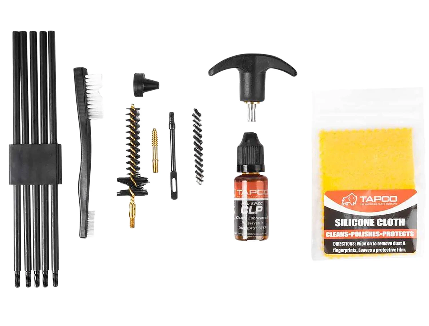 Tapco TAP22081 5.56/223 rifle cleaning kit components laid out on bench