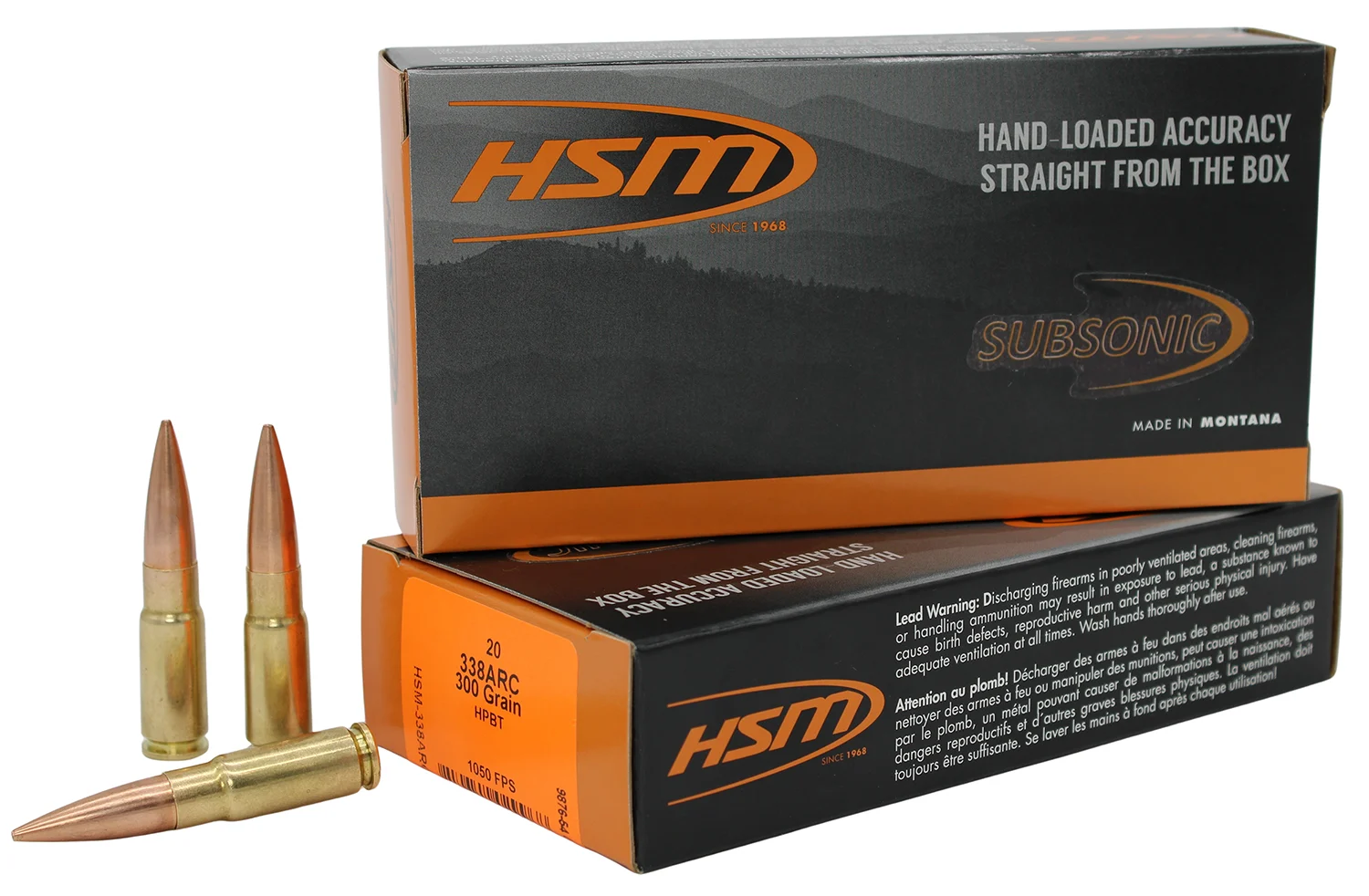 HSM 338 ARC 300gr HPBT subsonic ammunition box and cartridges