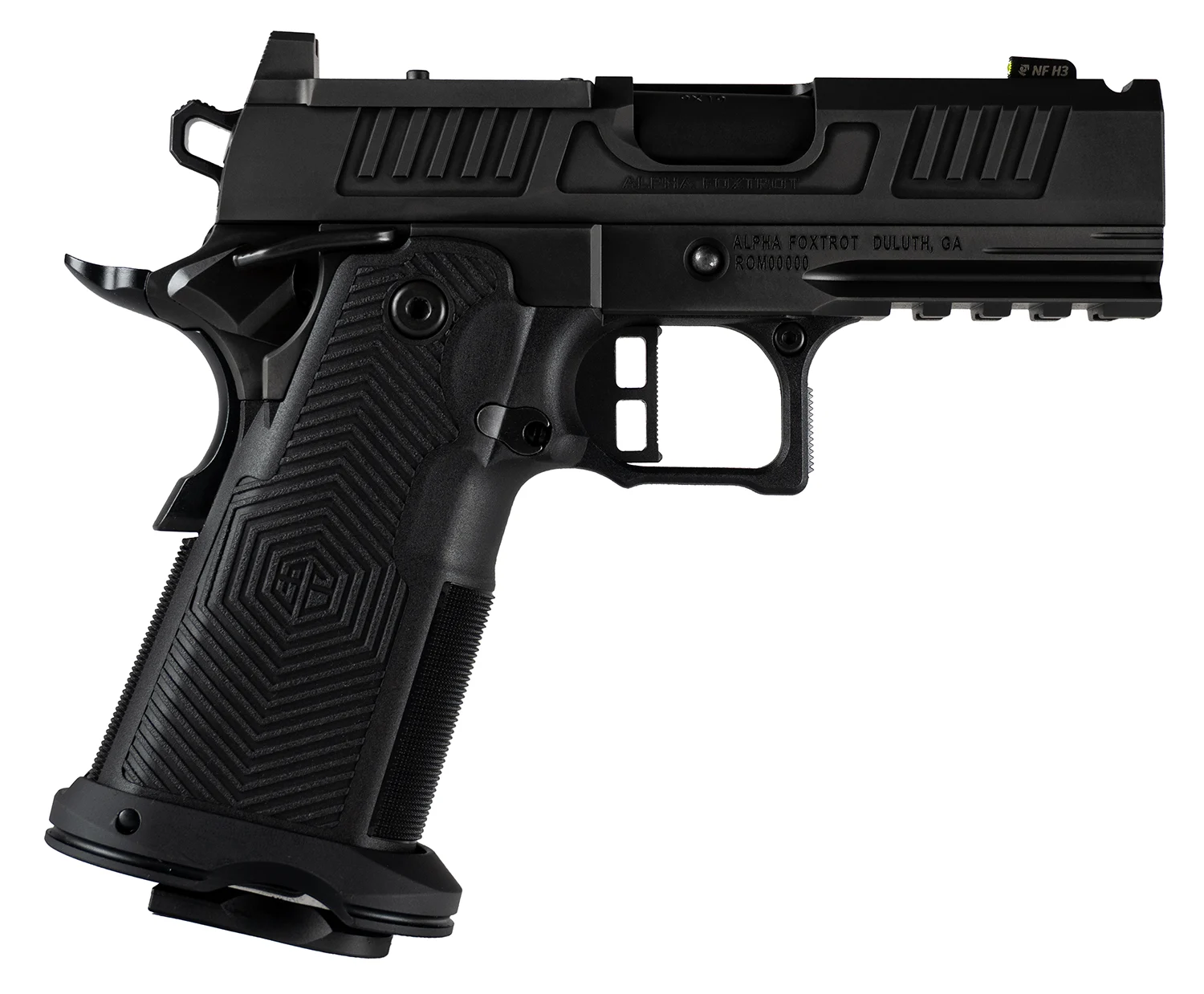 ALPHA FOXTROT AF1911 Romulus ported pistol with Night Fision sights and black DLC finish