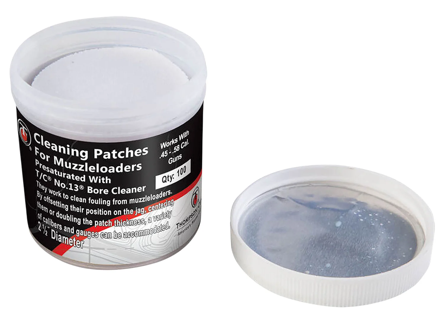 Thompson/Center No.13 pre-saturated 2.50" cotton cleaning patches 100-count in resealable jar