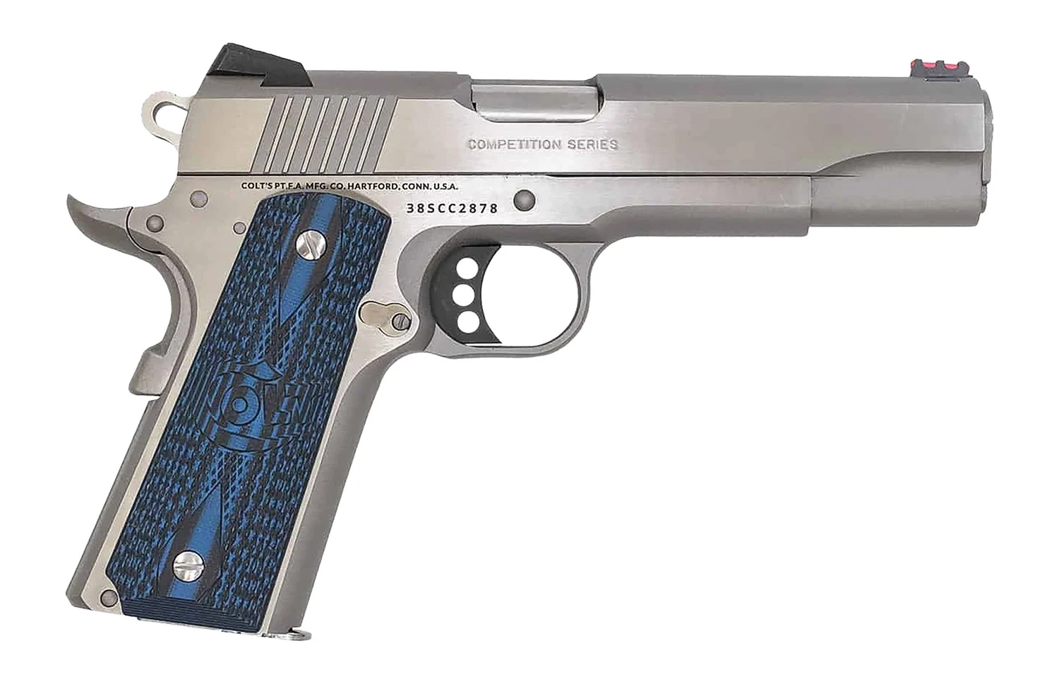 Colt 1911 Competition Series .38 Super 5 inch barrel blued finish with blue/black G10 grips