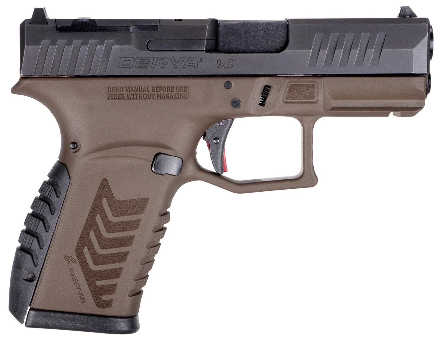 Derya DY9Z 9mm 3.5 inch sub-compact pistol in bronze and black, right-side view