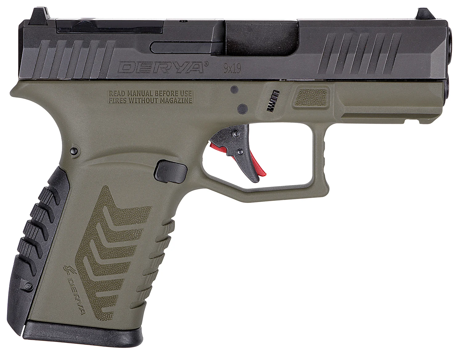 Derya DY9Z 9mm pistol with OD green polymer frame and black optic-ready slide, 3.5-inch barrel