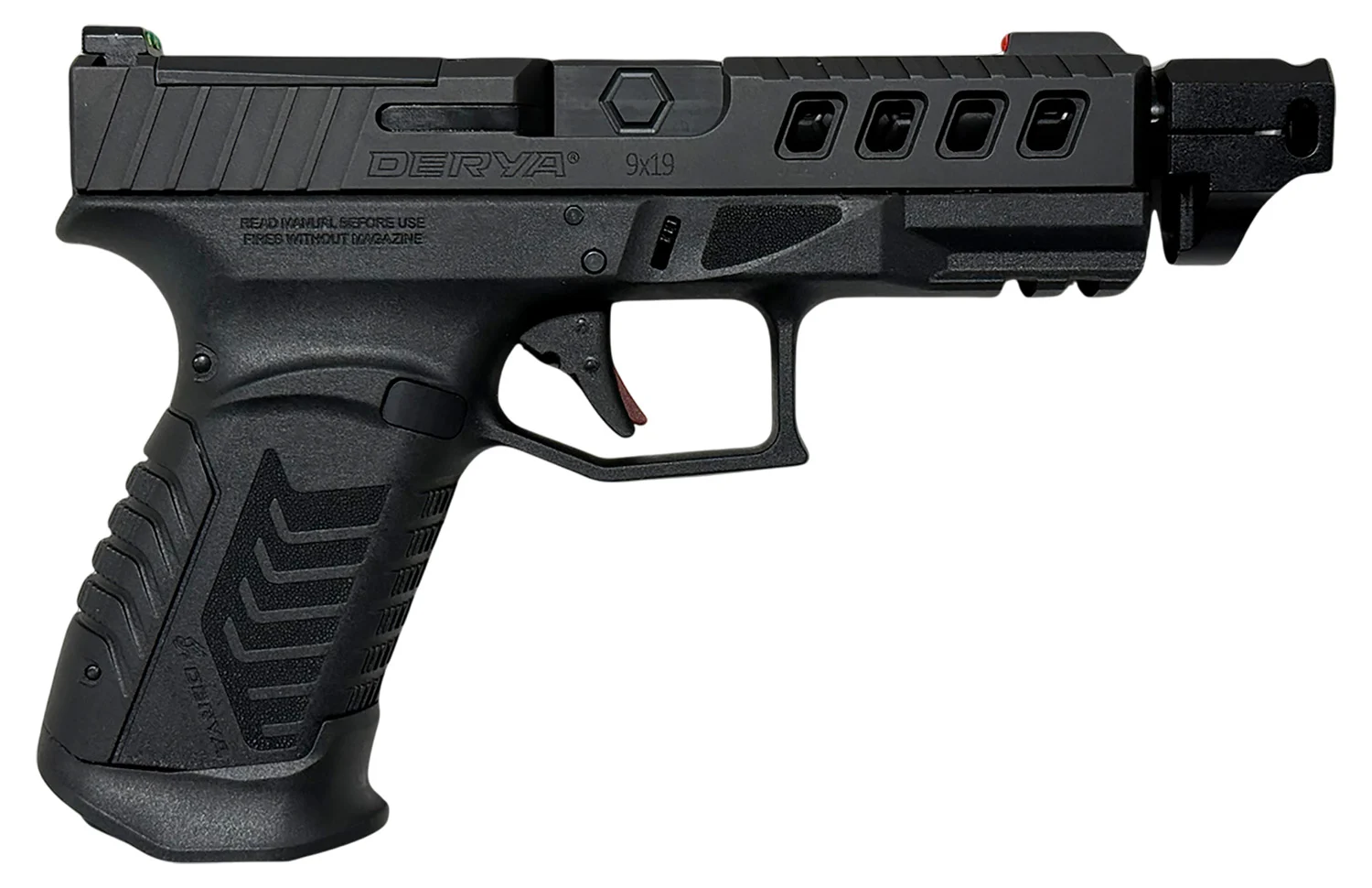 Derya Arms DY9 Comp 9mm pistol with 4.64 inch compensated barrel and black Melonite finish