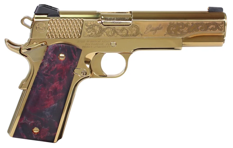 Iver Johnson Noble Eagle 1911 45ACP gold finish exotic wood grip