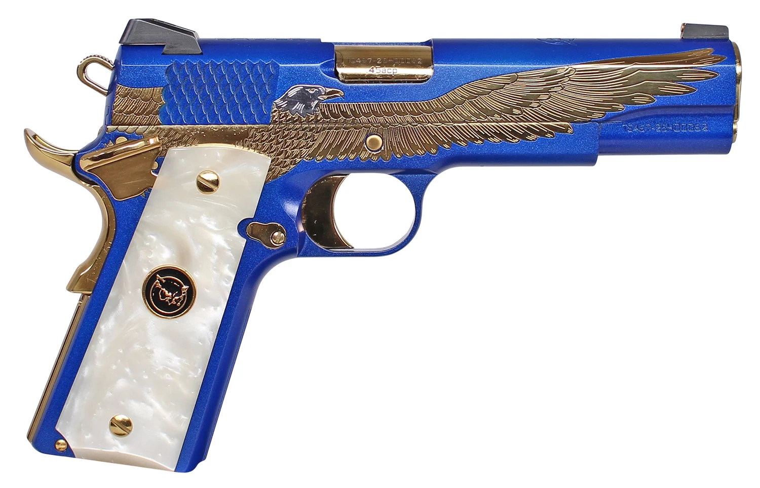 Iver Johnson Majestic Eagle 1911 .45 ACP 5 in semi-auto handgun, royal blue and engraved gold variants