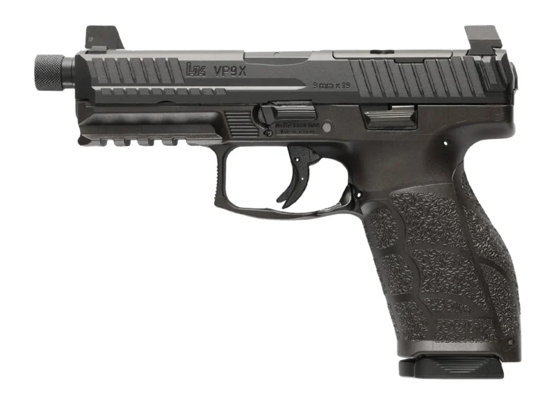 Heckler & Koch VP9A1 X Tactical 9mm pistol side view with 4.7-inch threaded barrel, optics-ready