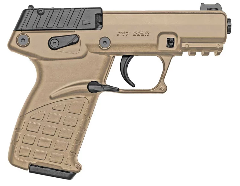 KelTec P17 tan compact .22 LR pistol with polymer frame and threaded barrel