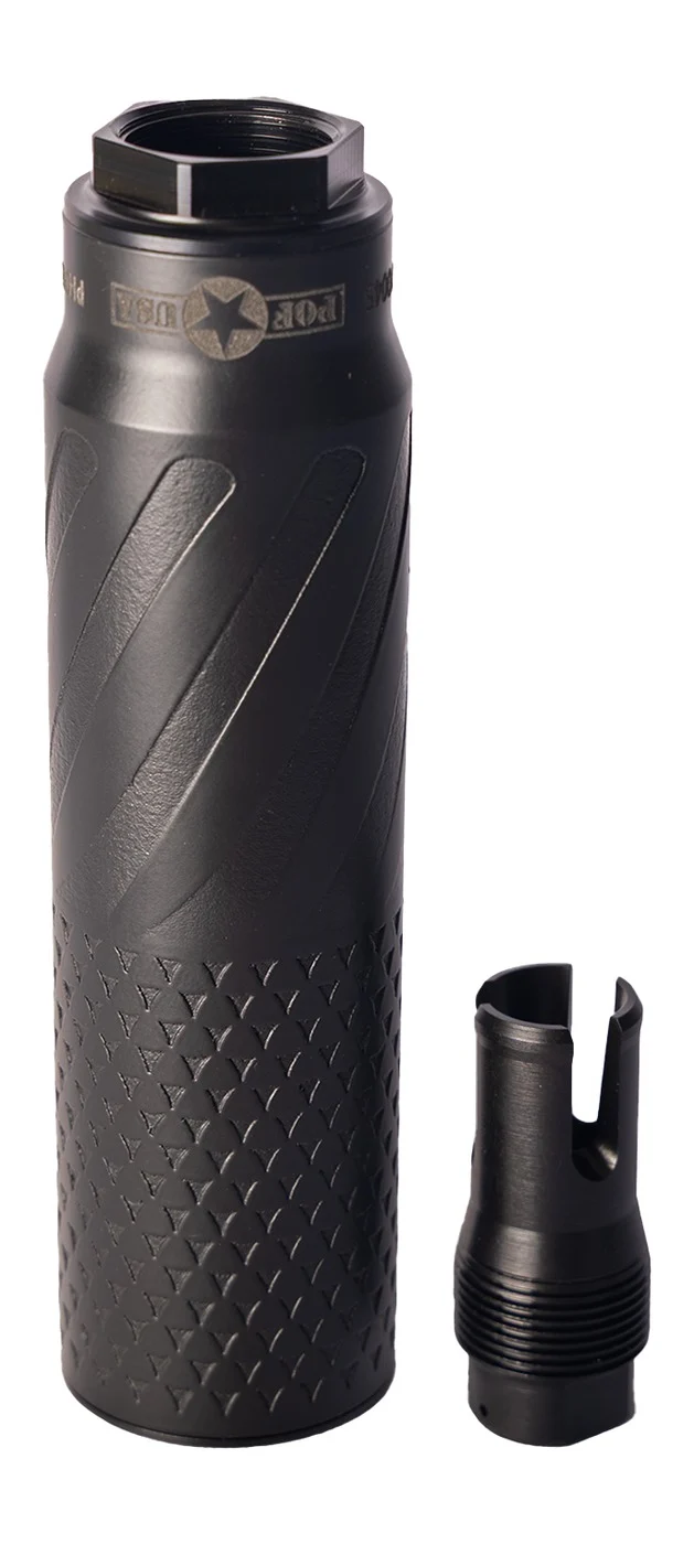 Patriot Ordnance Factory PST-7 titanium suppressor side view, 6.43 in