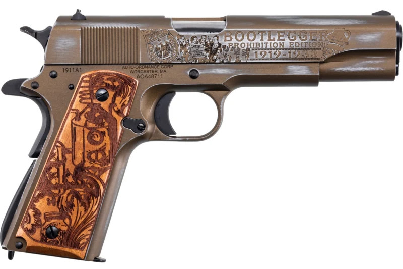 Auto-Ordnance Bootlegger 1911 .45 ACP 5 inch Burnt Bronze Cerakote with engraved walnut grips