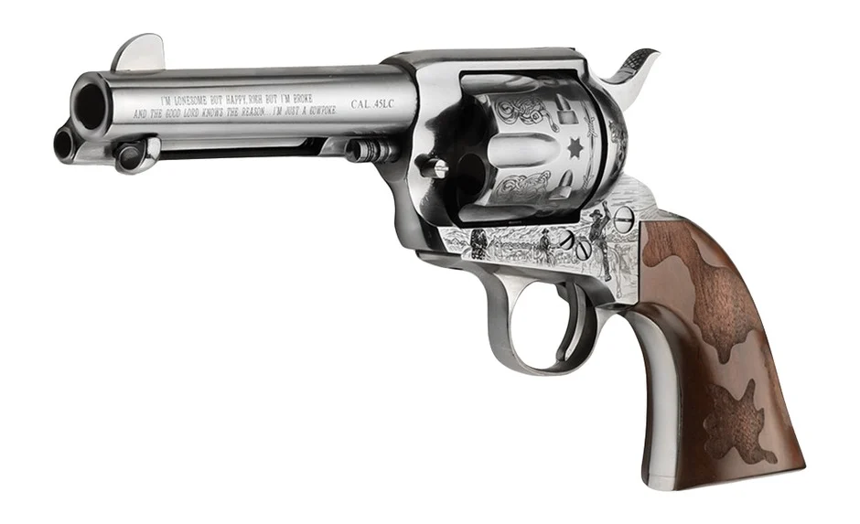 Pietta Cowpoke .45 Long Colt 4.75-inch nickel engraved revolver with cowhide walnut grip