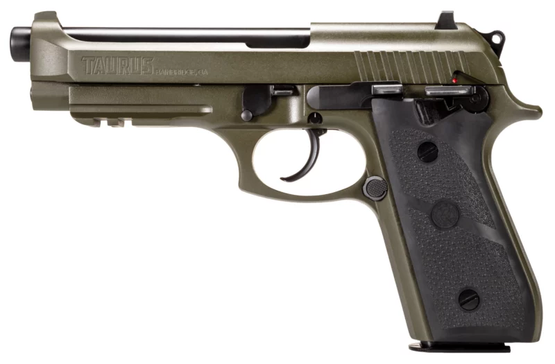 Taurus PT92 9mm OD Green Cerakote with black Hogue grips, 5 in barrel and two 17-round magazines