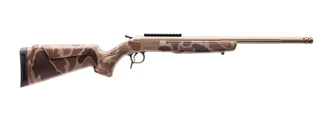 CVA Cascade Takedown 6.5 Creedmoor with duck camo synthetic stock and flat dark earth barrel