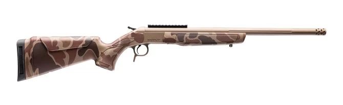 CVA Scout TD 400 Legend 20 in FDE Cerakote stainless with duck camo synthetic stock