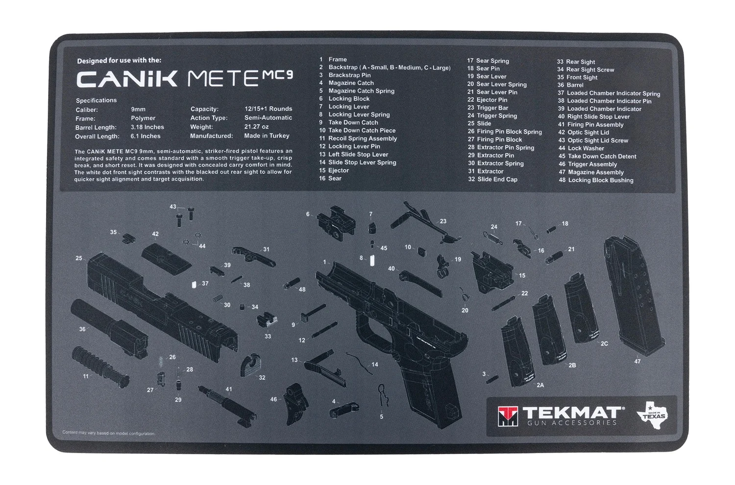 TEKMAT Canik MC9 17x11 printed gun cleaning mat with diagrams