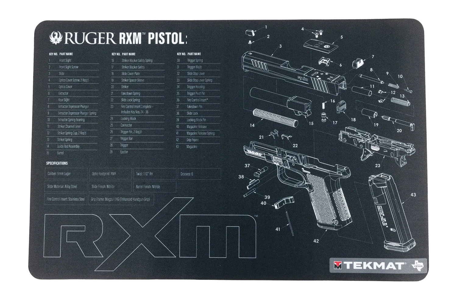 TekMat Ruger RXM 17x11 gun cleaning mat with printed disassembly diagram