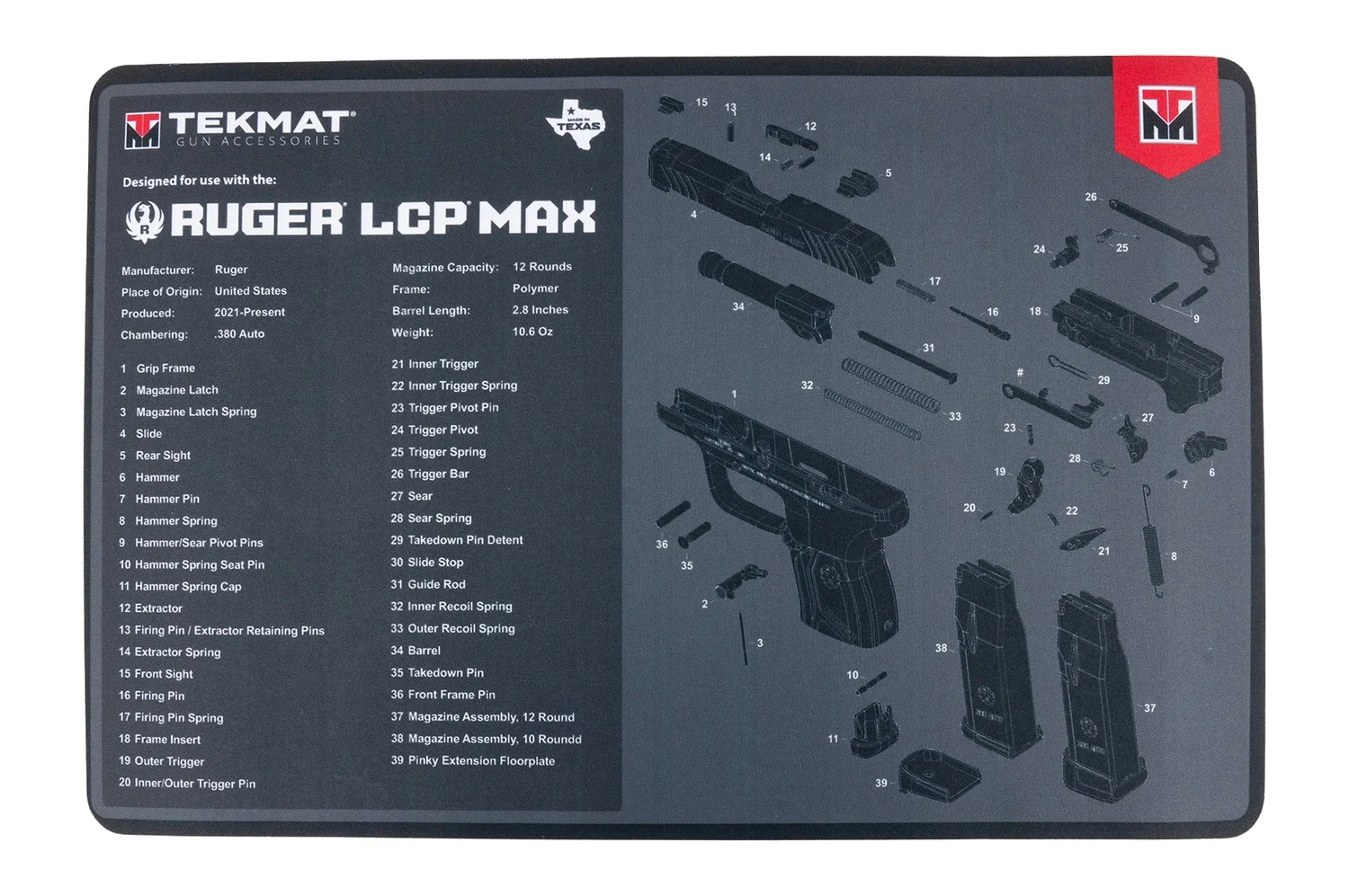 TekMat Ruger LCP Max 17x11 cleaning mat with printed schematic and 1/8 inch padding