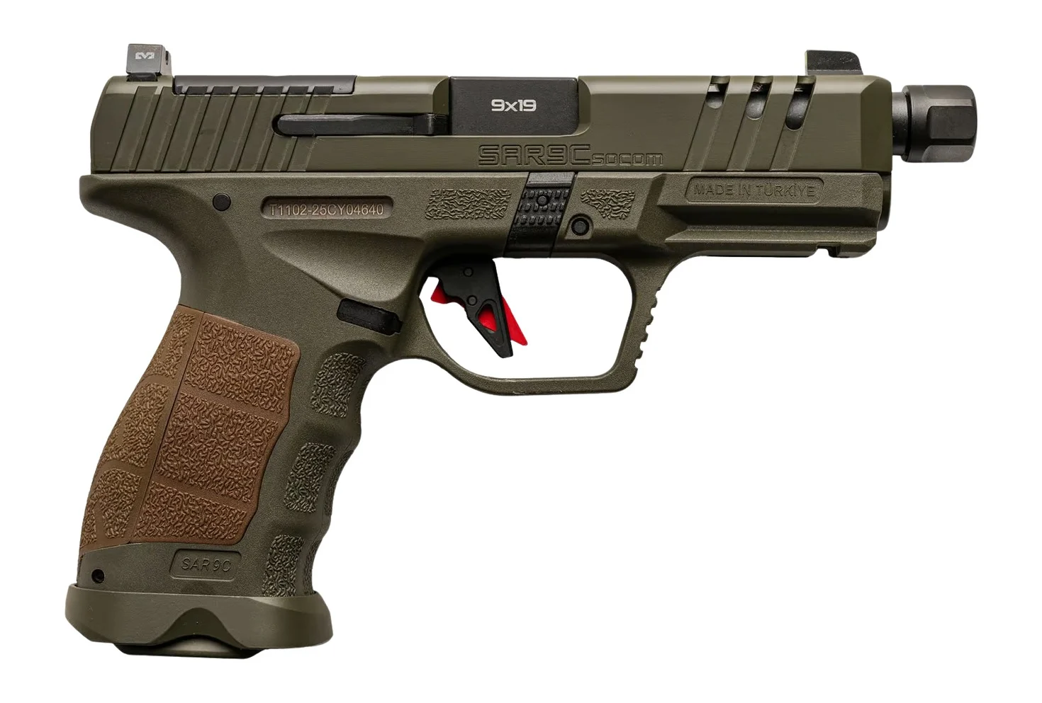 Sarsilmaz SAR9 SOCOM Compact 9mm pistol OD Green optic-ready 4.70in threaded barrel