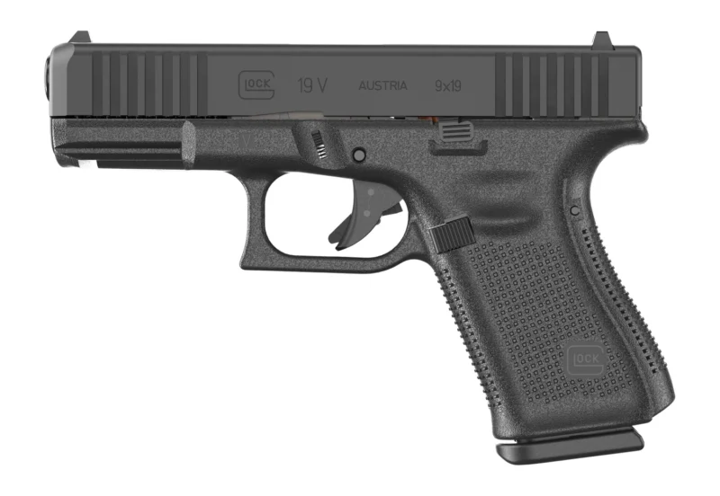 Glock 19 V 9mm pistol, black polymer frame, serrated slide, with three 10-round magazines
