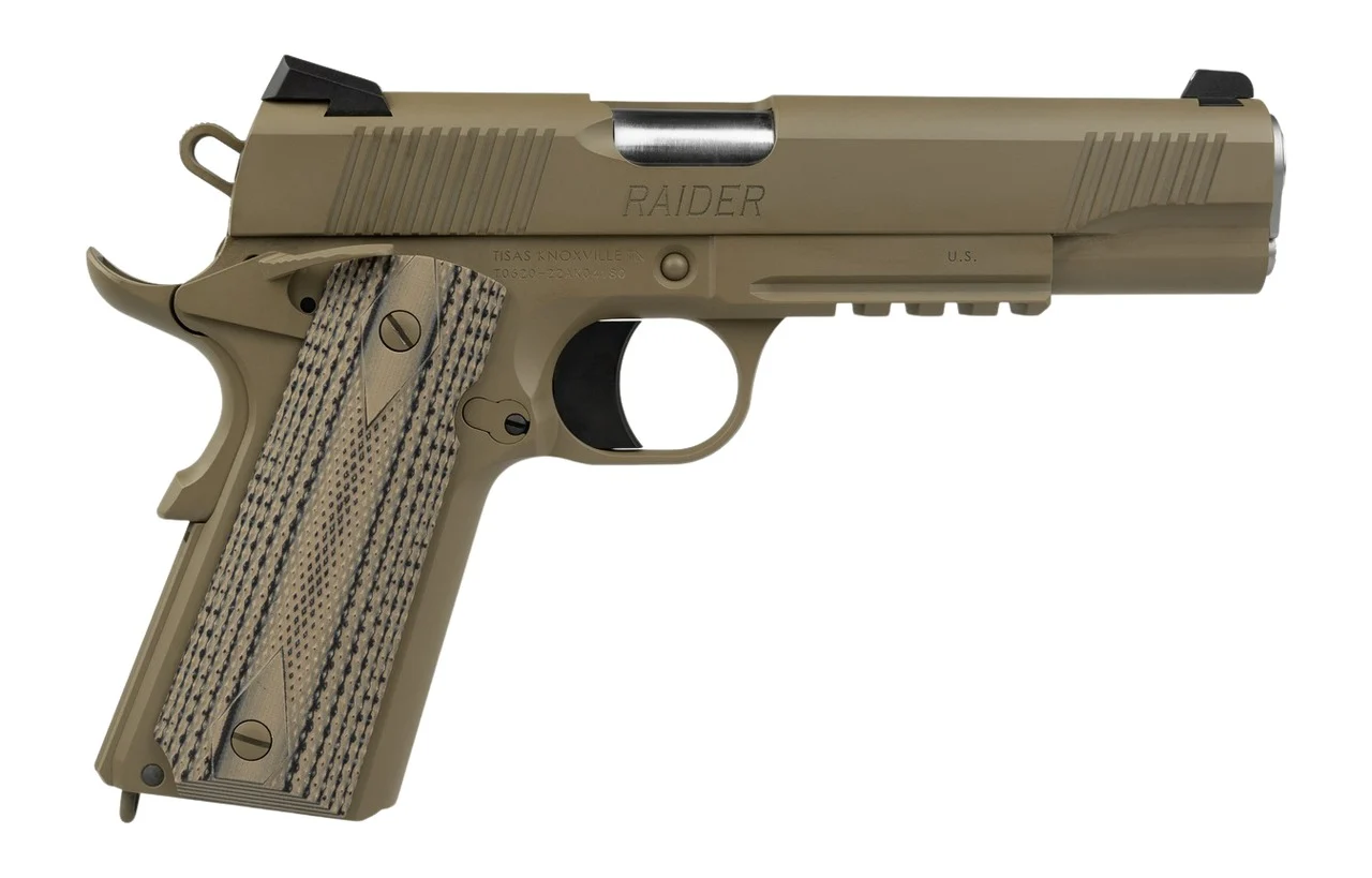 Tisas 1911 Raider 9-inch 9mm 5-inch FDE Cerakote pistol with G10 grips and accessory rail