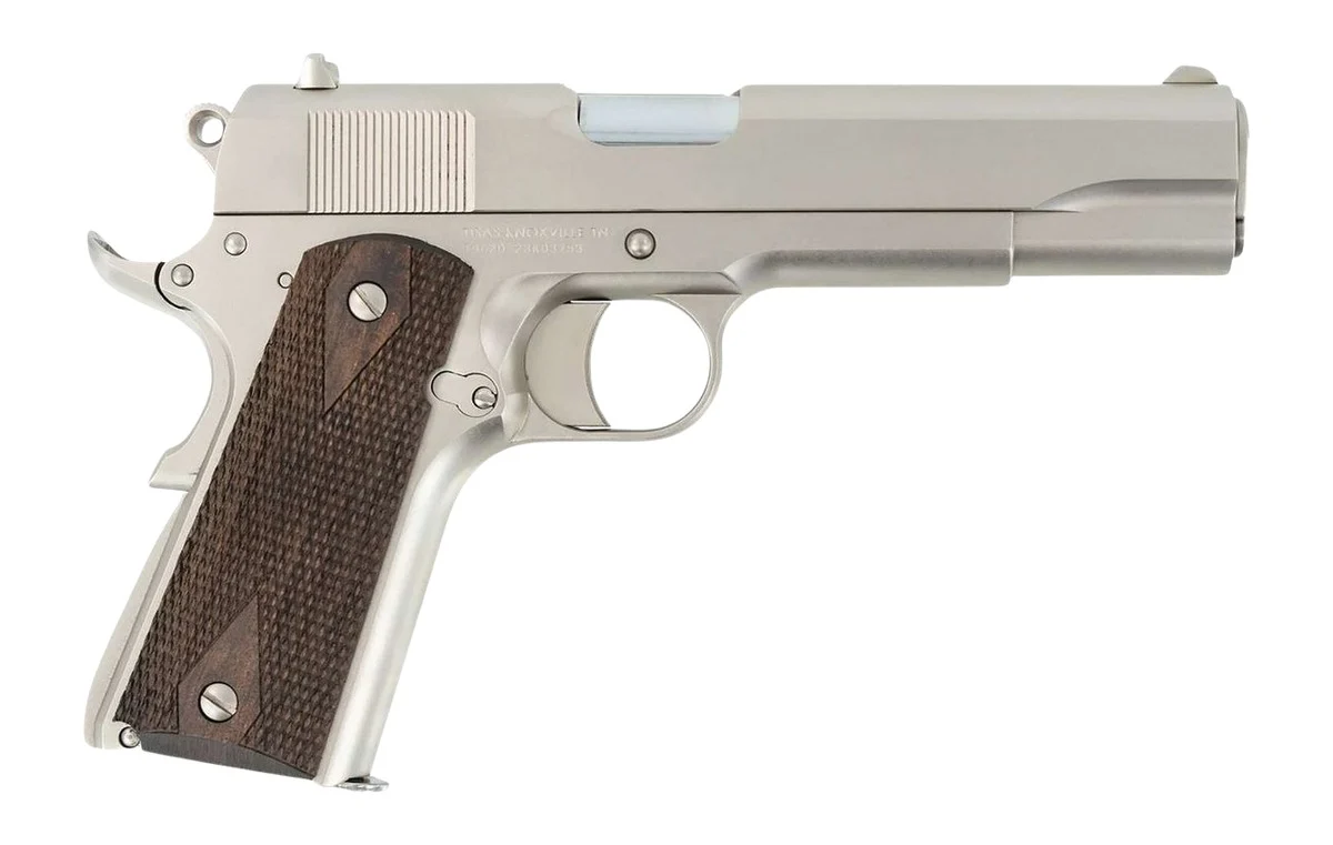 TISAS 1911A1 Stakeout pistol with 5-inch stainless barrel, nickel finish and walnut grips