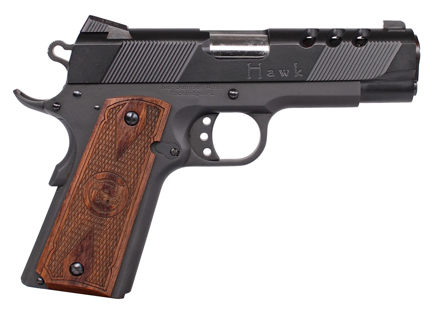 Iver Johnson HAWK45P Hawk Commander .45 ACP 4.25" pistol, matte black frame with checkered double diamond walnut grips