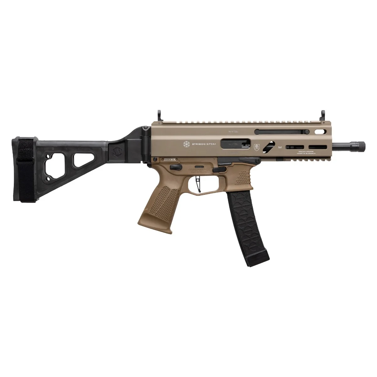 Grand Power Stribog SP9A1 9mm pistol FDE with 8-inch threaded barrel and SBT folding brace