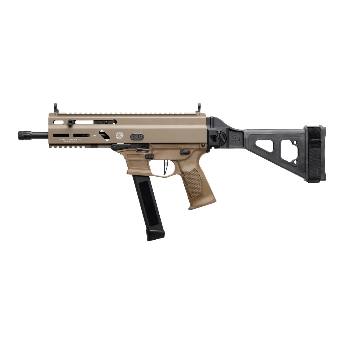 Grand Power Stribog SP9A3G 9mm pistol FDE with 8in threaded barrel and SB Tactical SBT folding brace