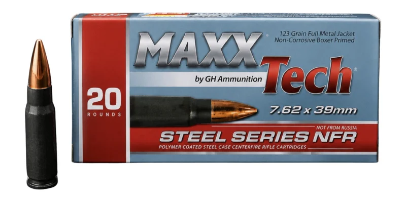 MAXXTech 7.62x39 123gr FMJ polymer-coated steel case rifle ammunition box