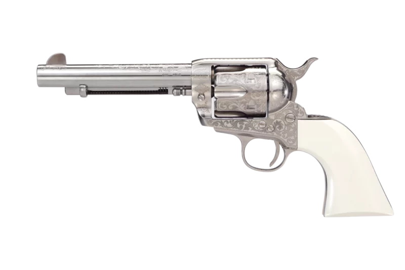 Taylors & Company 1873 Outlaw Legacy engraved nickel revolver with white PVC grip, 5.5 inch barrel