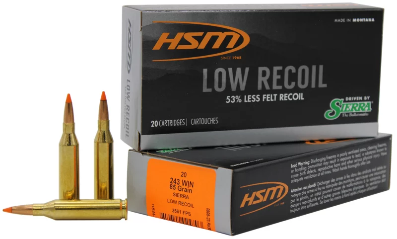 HSM Low Recoil 243 Win 85 gr ammunition - 20 rounds per box, brass cases