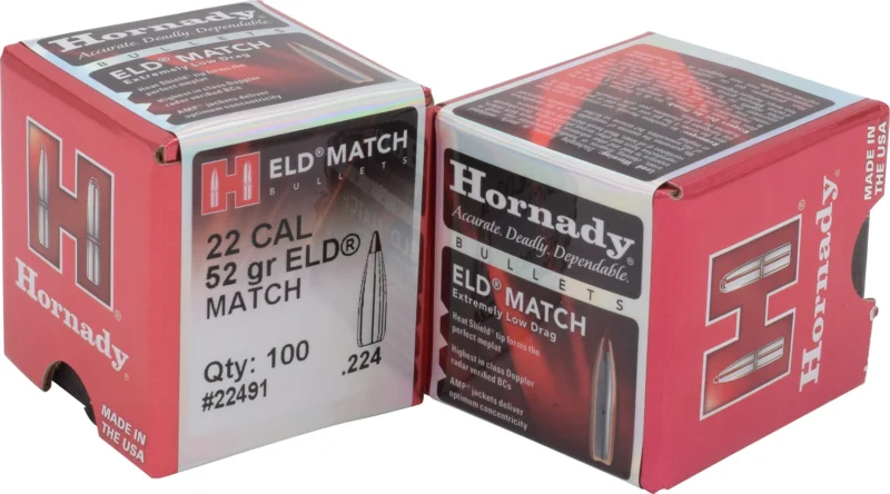 Hornady ELD Match .224 caliber 52 gr polymer tip bullets, 100 ct box