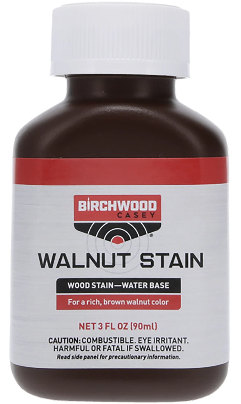 Birchwood Casey walnut water-based wood stain bottle, water-soluble walnut color