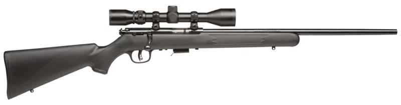 Savage 93R17 FXP bolt-action rifle with mounted 3-9x40 scope and black synthetic stock