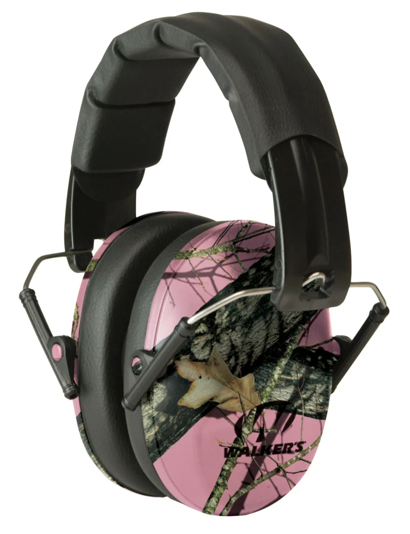 Walkers Pro Low Profile Folding Ear Muffs in Mossy Oak Pink Camo
