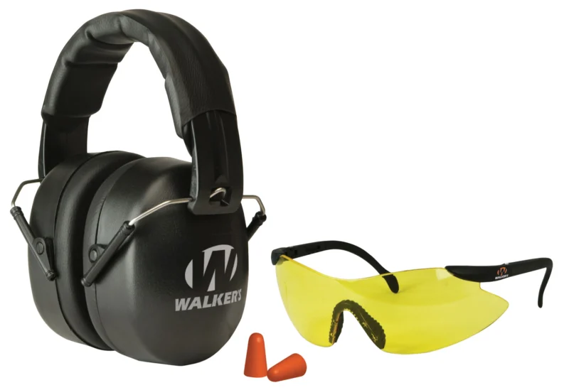 Walkers EXT folding range muff with orange ear cups and clear polycarbonate glasses, 31 dB NRR