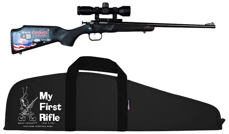 Keystone Crickett .22 LR youth bolt-action rifle with black synthetic stock and included scope