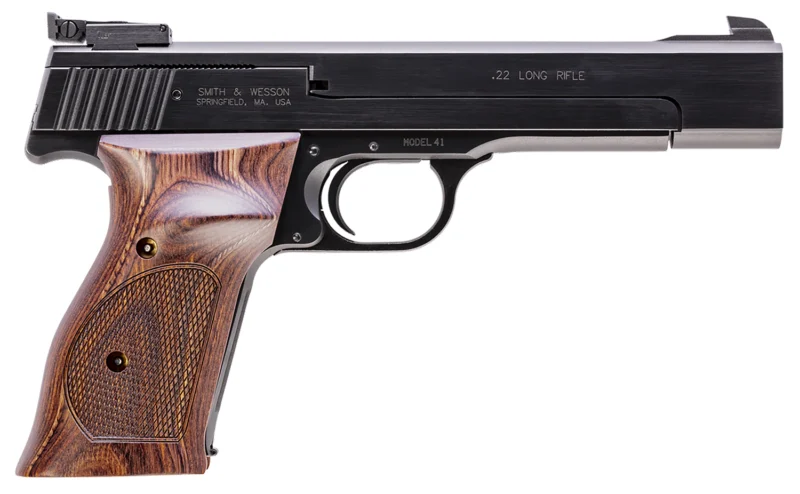 Smith & Wesson Model 41 .22 LR target pistol, 5.5-inch blued barrel, wood grips