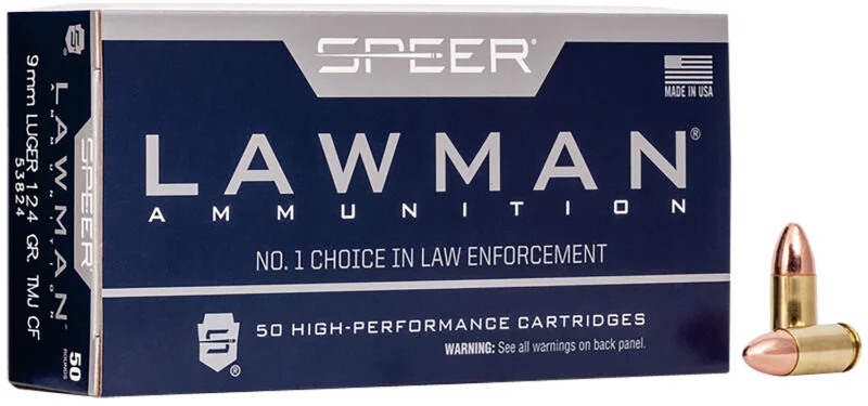 Speer Lawman Clean-Fire 9mm Luger 124 gr TMJ ammunition, 50 rounds per box