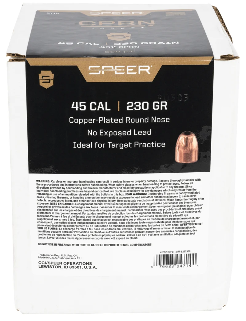 Speer .45 Cal copper-plated round nose bullets box of 500