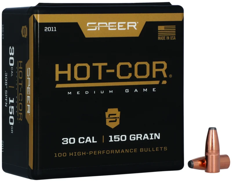 Speer Hot-Cor .30 Cal 150 gr Soft Point Flat Nose bullets, 100 per box