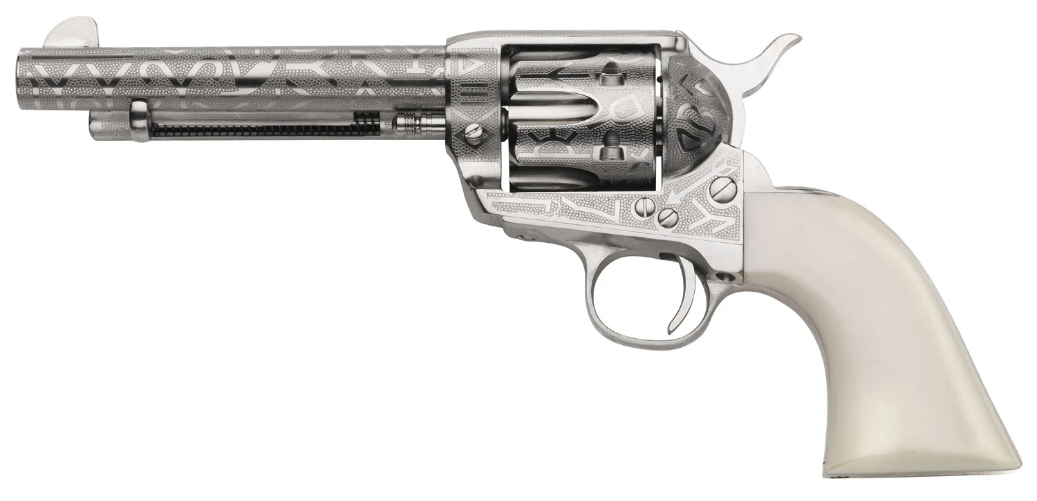 Taylors & Company 1873 Cattle Brand .45 Long Colt revolver with nickel-plated engraved finish and 5.50 inch barrel