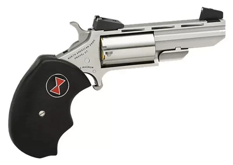 North American Arms Black Widow .22 Magnum 2-inch stainless mini-revolver with black rubber grips, 5-shot