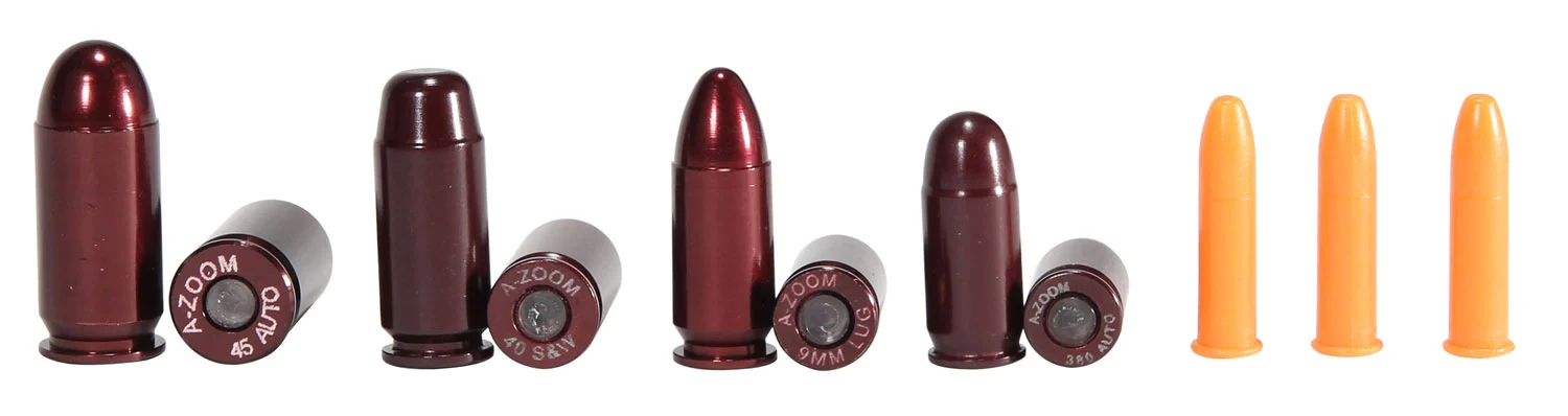 A-Zoom metal snap caps variety pack showing 11 anodized aluminum inert training rounds