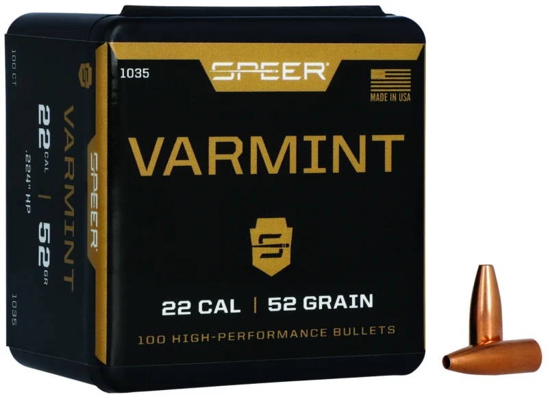 Speer 1035 Varmint .224 Cal 52 gr jacketed hollow point bullets, 100 per box
