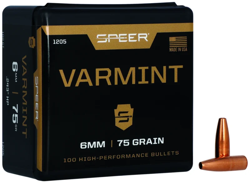 Speer Varminter 6mm (.243) 75 gr Jacketed Hollow Point bullets, 100 per box