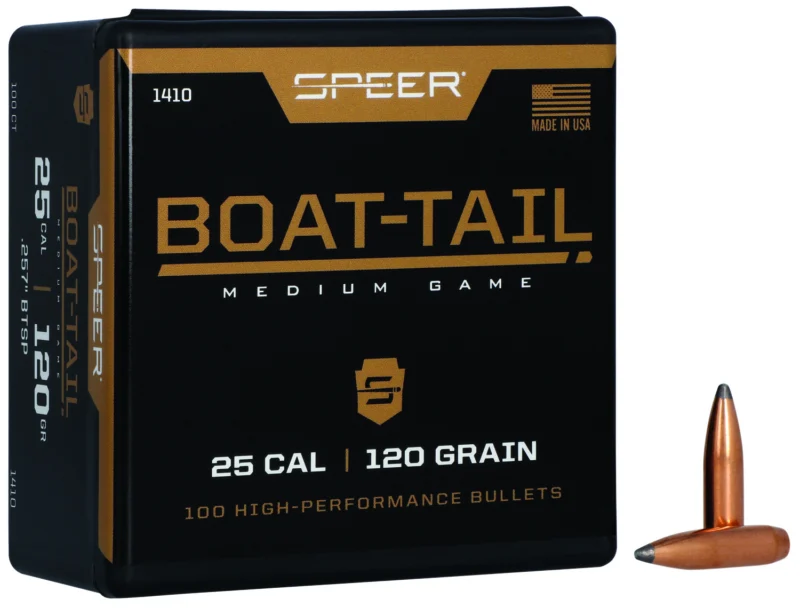 Speer 25 Cal (.257) 120 gr Jacketed Soft Point Boat Tail bullets, 100 per box